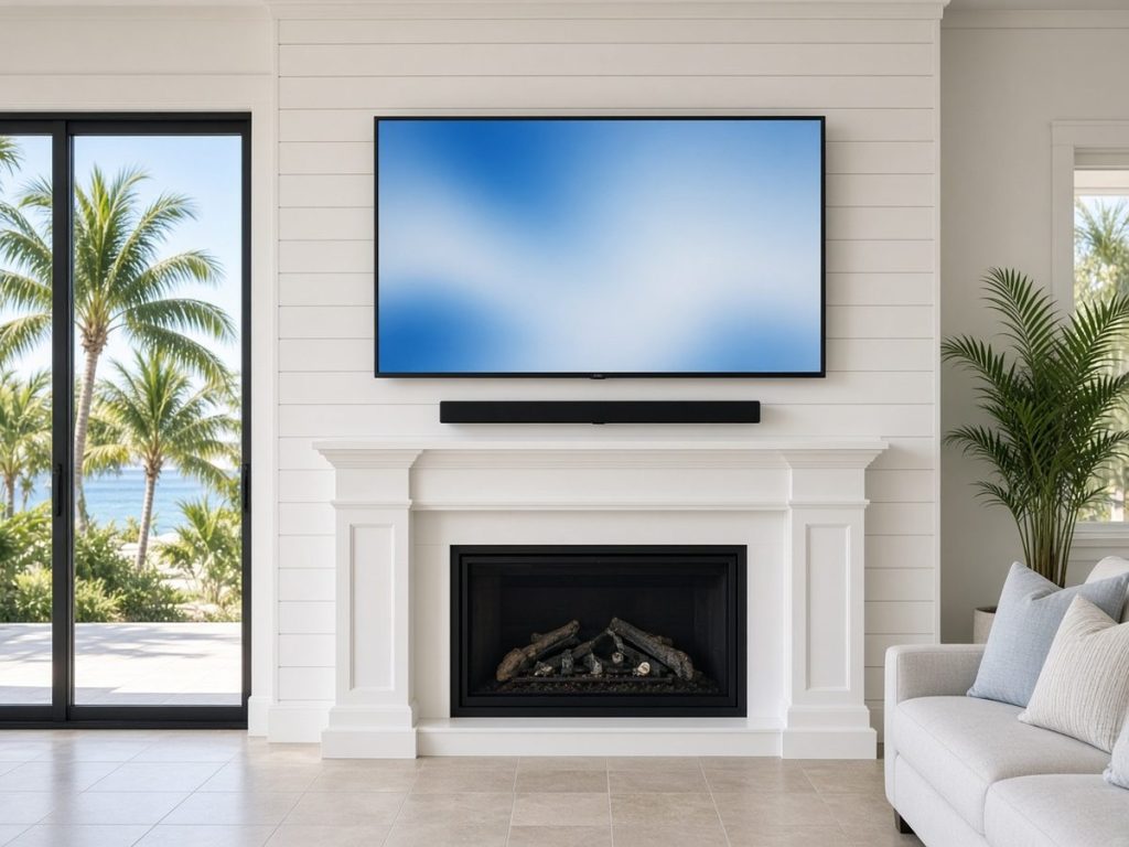 Fort Myers TV installation: flat-screen TV and soundbar wall-mounted above a white shiplap fireplace with hidden cables in a bright coastal living room