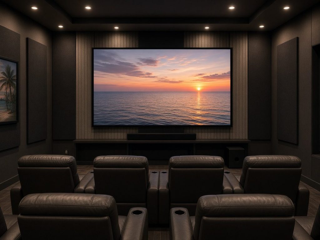 Home theater TV installation in Fort Myers with a large wall-mounted screen, soundbar and subwoofer, and leather recliners