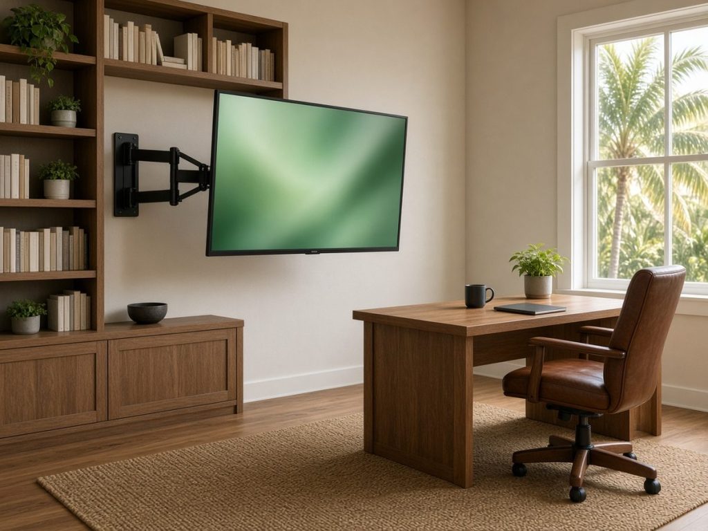 Fort Myers TV installation in a home office: TV on an articulating full-motion wall mount angled toward a wood desk, with cables concealed.