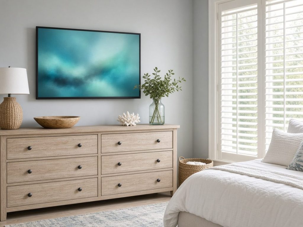 Bedroom TV mounted flush above a wood dresser with no visible wires, a clean Fort Myers TV installation