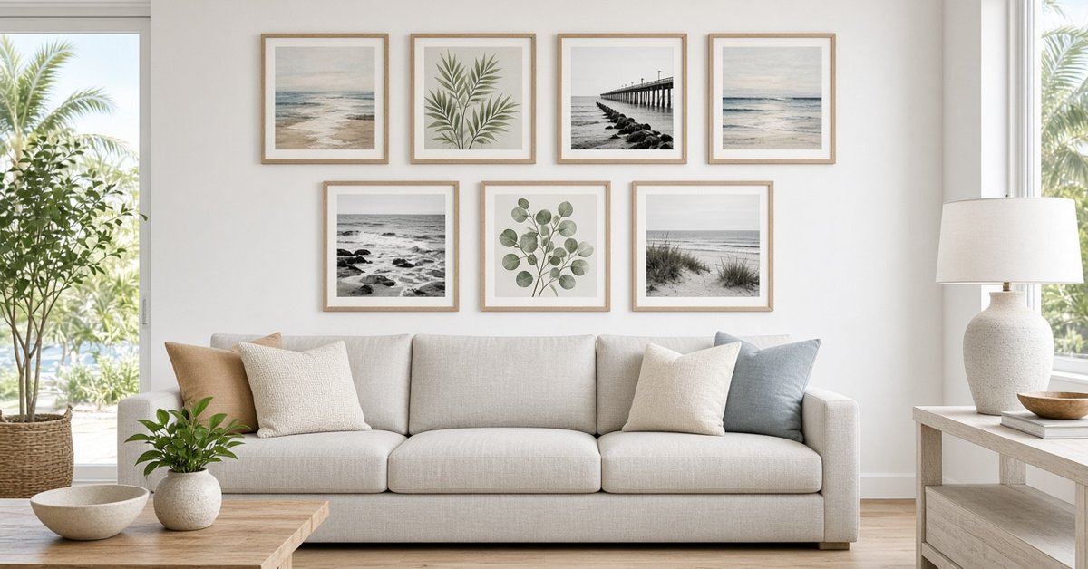 Gallery wall of framed art hung level above a sofa in a Southwest Florida living room